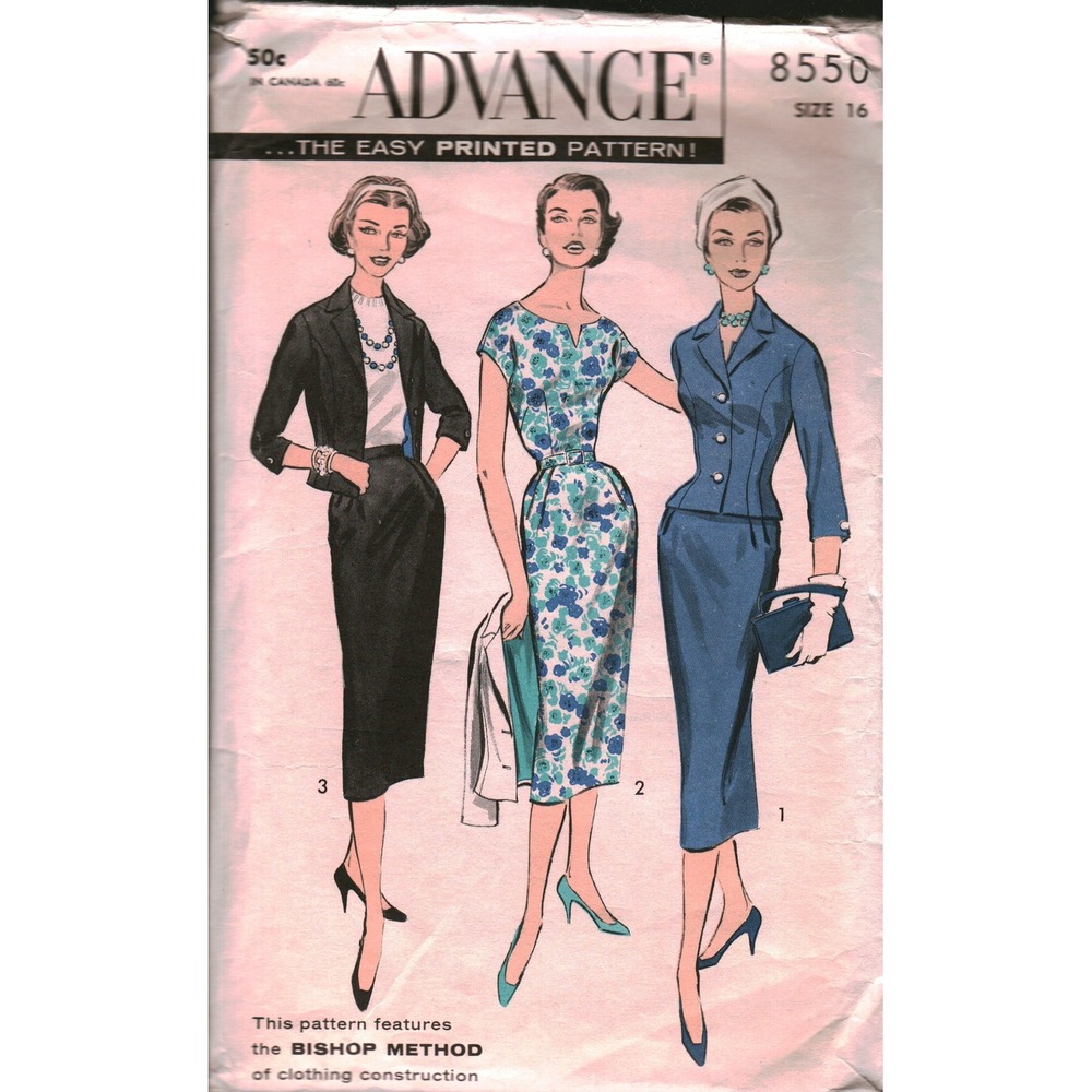 Vintage Advance 8550 Sewing Pattern 1950s Misses Dress Jacket Two Piece Suit 16